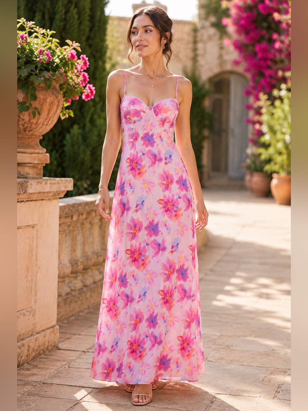 NWOT ASTR The Label Bayley Floral Pleated Maxi Dress Pink Bustier Lace Size M